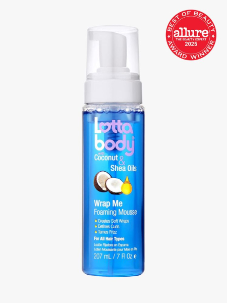 Lottabody Coconut Oil and Shea Wrap Me Foaming Curl Mousse in branded component on a light gray background with best of beauty seal in the top right corner