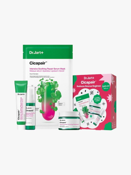 Dr. Jart+ Cicapair Redness Rescue Regimen in multiple branded components on a light gray background