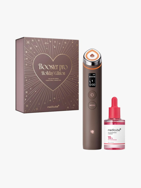 Medicube Booster Pro Holiday Gift Set in branded components on a light gray background