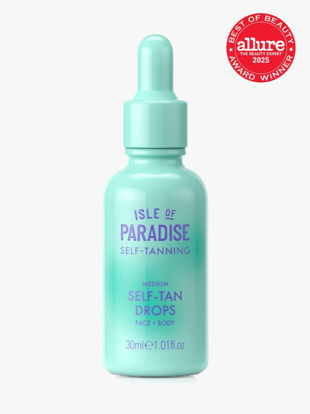 Isle of Paradise Self Tanning Face & Body Drops in branded dropper component on a light gray background with best of beauty seal in the top right corner