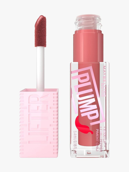 Maybelline New York Lifter Gloss Plump vial of pink lip gloss on light gray background